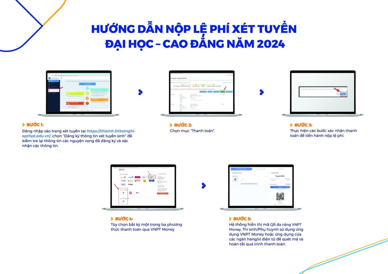 Để đồng hành cùng thí sinh và phụ huynh trên cả nước trong mùa tuyển sinh đại học – cao đẳng 2024 được thuận tiện, VNPT Money đang cung cấp hình thức nộp lệ phí Đại học – Cao đẳng (ĐH-CĐ) nhanh chóng và thuận tiện bằng mã QR đa năng ngay trên website của Bộ Giáo dục và Đào tạo hoặc trực tiếp trên ứng dụng.