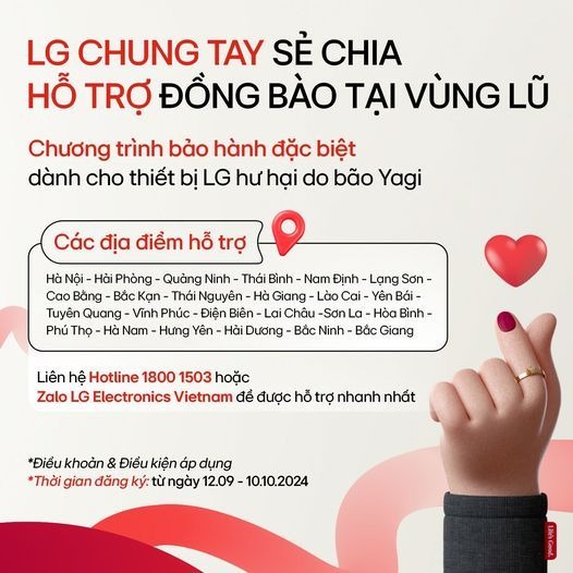 Đây là chương trình đang được LG Electronic Việt Nam triển khai từ ngày 12/9 đến hết 10/10 nhằm chia sẻ sâu sắc với những gia đình bị ảnh hưởng và cam kết đồng hành hỗ trợ để cùng nhau vượt qua khó khăn.