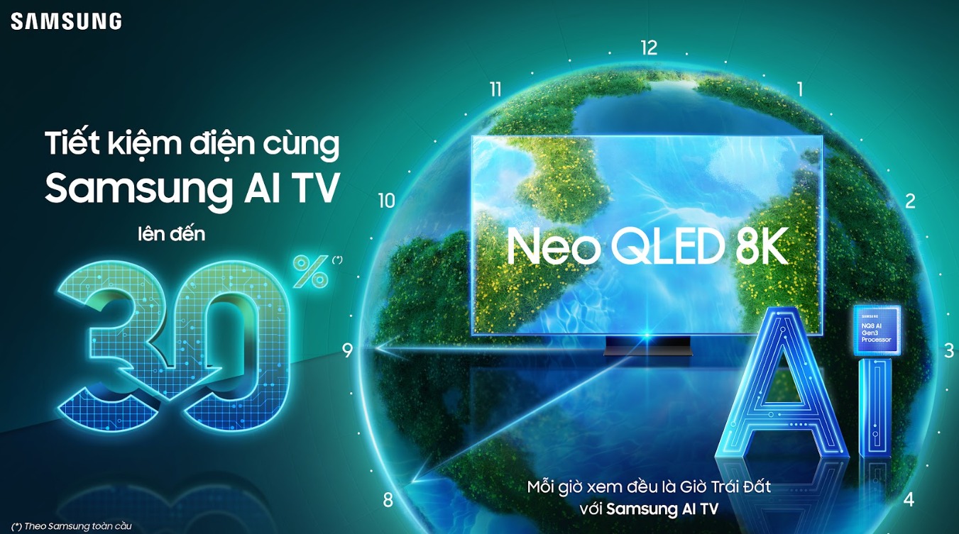 Với tính năng AI Energy, các dòng TV AI thế hệ mới của Samsung sẽ giúp tiết kiệm đến 30% tiền điện, biến mỗi giờ xem Samsung AI TV đều có thể là giờ Trái Đất.