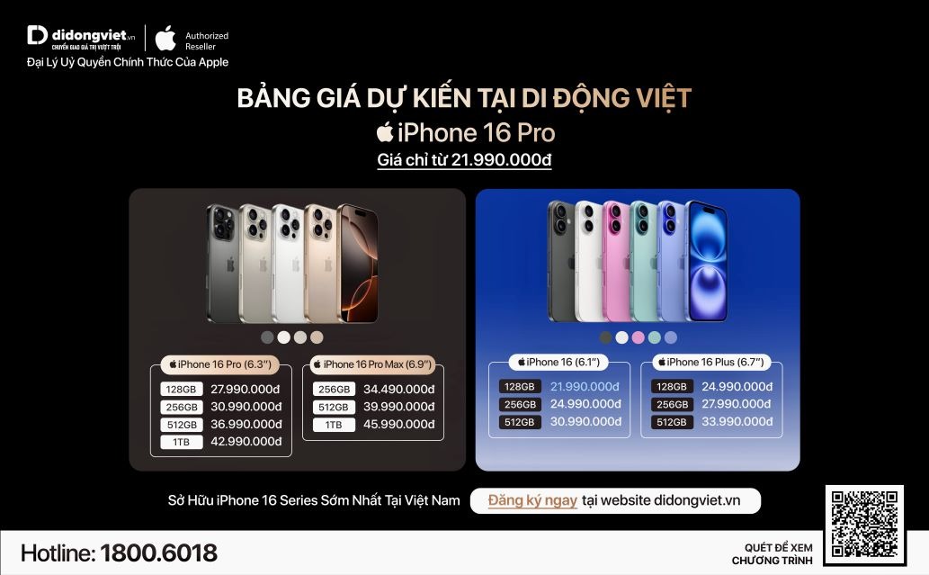 Đây là mức giá dự kiến dành cho iPhone 16 series vừa được hệ thống Di Động Việt đưa ra, vẫn trên tinh thần “Rẻ hơn các loại rẻ”, mức giá này hiện được xem là hấp dẫn nhất trong số các nhà bán lẻ đã công bố giá tính đến 9h sáng hôm nay.