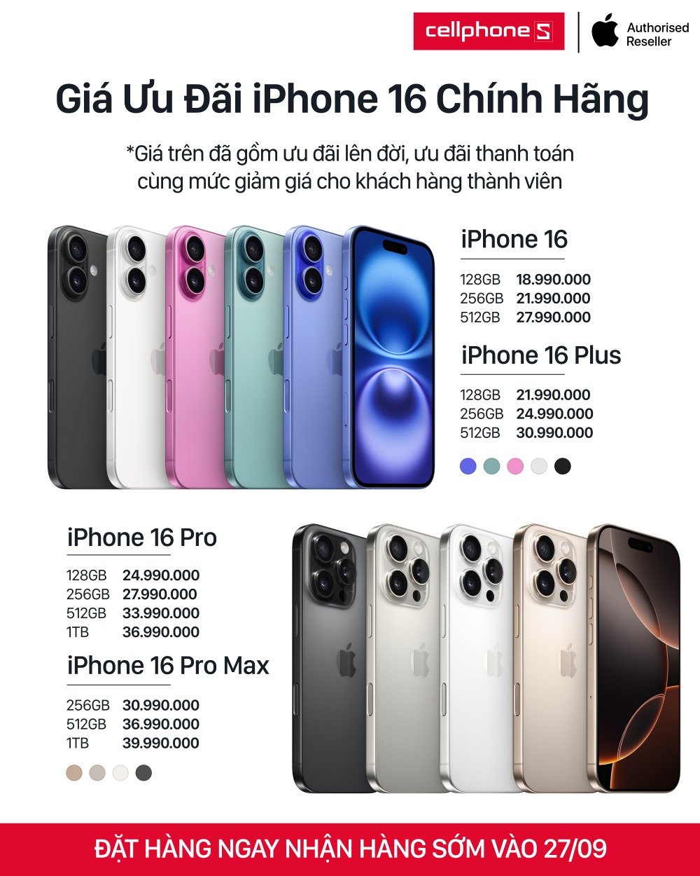 Sau thời gian cho khách hàng đăng kí thông tin sớm, hệ thống bán lẻ uỷ quyền chính hãng Apple - CellphoneS chính thức cho khách hàng đặt trước iPhone 16 series chính hãng tại Việt Nam từ hôm nay, 20 đến hết ngày 26/09, và mở bán vào 0h01p ngày 27/9 tại toàn bộ 125 cửa hàng trên toàn quốc.