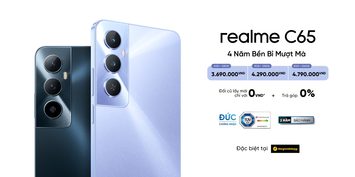 realme C65 còn được trang bị camera chính 50MP, camera trước 8MP